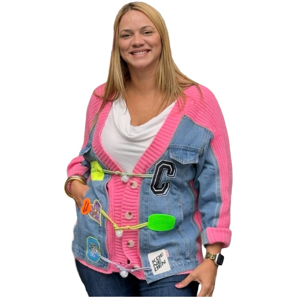 Women's Pink and Blue Denim Jacket, Size: Small